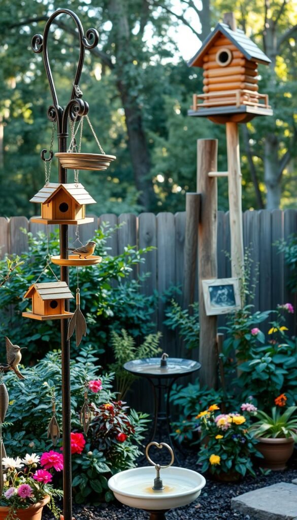 A cozy backyard scene with an array of stylish bird feeders and accessories. In the foreground, a set of classic wooden feeders hang from a rustic shepherd's hook, accented by whimsical metal bird baths and decorative wind chimes. The mid-ground features a birdbath with a gentle water feature, surrounded by lush foliage and flowering plants that attract a variety of feathered visitors. In the background, a log cabin-inspired birdhouse perches atop a wooden post, its natural aesthetic blending seamlessly with the earthy tones and textures of the scene. Soft, natural lighting filters through the trees, creating a warm and inviting atmosphere that celebrates the beauty of birdwatching.