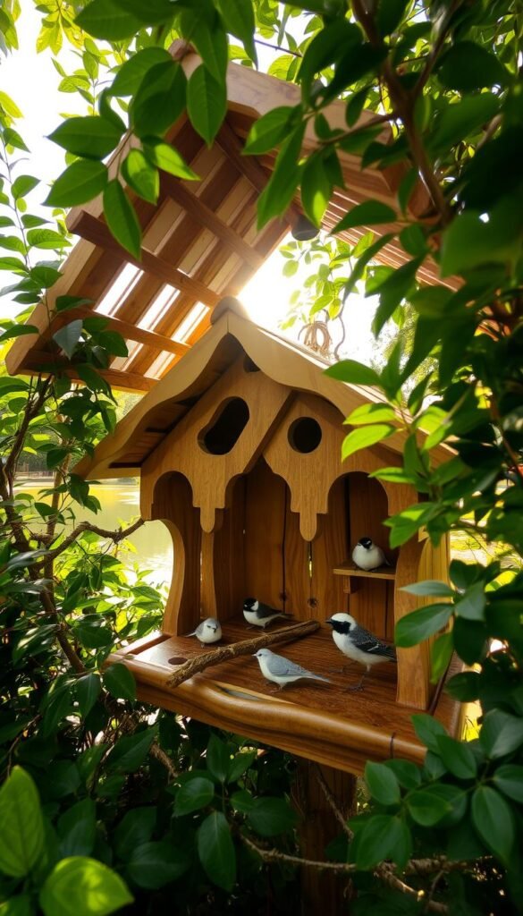 A cozy bird shelter nestled amidst lush, verdant foliage. Intricate wooden structures, crafted with care, provide secure nesting sites and refuge from the elements. Sunlight filters through the canopy, casting a warm, inviting glow. Delicate perches adorn the entrance, beckoning feathered friends to rest and take shelter. In the background, a tranquil pond reflects the serene scene, creating a harmonious sanctuary for local bird populations. Captured with a wide-angle lens to showcase the natural setting, this image conveys the essence of a welcoming, nature-inspired haven for avian residents.