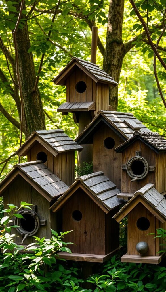 A cozy cluster of rustic bird houses nestled in a lush, verdant garden. The wooden structures feature distinct roof designs, textured exteriors, and inviting entryways to provide safe, comfortable roosting spots for a variety of feathered friends. Soft, diffused natural light filters through the trees, creating a warm, welcoming ambiance. The scene conveys a sense of serenity and tranquility, encouraging birds to seek shelter and respite from the changing seasons. A harmonious blend of natural elements and thoughtful avian architecture, this image celebrates the importance of providing sanctuary for our winged neighbors.