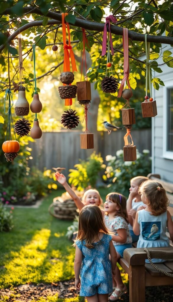 A cozy family backyard with a lush garden and a variety of DIY bird feeders hanging from the trees. The feeders are made from natural materials like pinecones, gourds, and wooden blocks, decorated with colorful ribbons and beads. A warm afternoon light filters through the branches, casting a gentle glow on the scene. Children are gathered around, eagerly watching the birds flock to the feeders, their faces filled with wonder and delight. In the background, a comfortable wooden bench invites families to sit and enjoy the tranquil atmosphere as they connect with nature. The overall mood is one of whimsy, creativity, and quality time spent together.