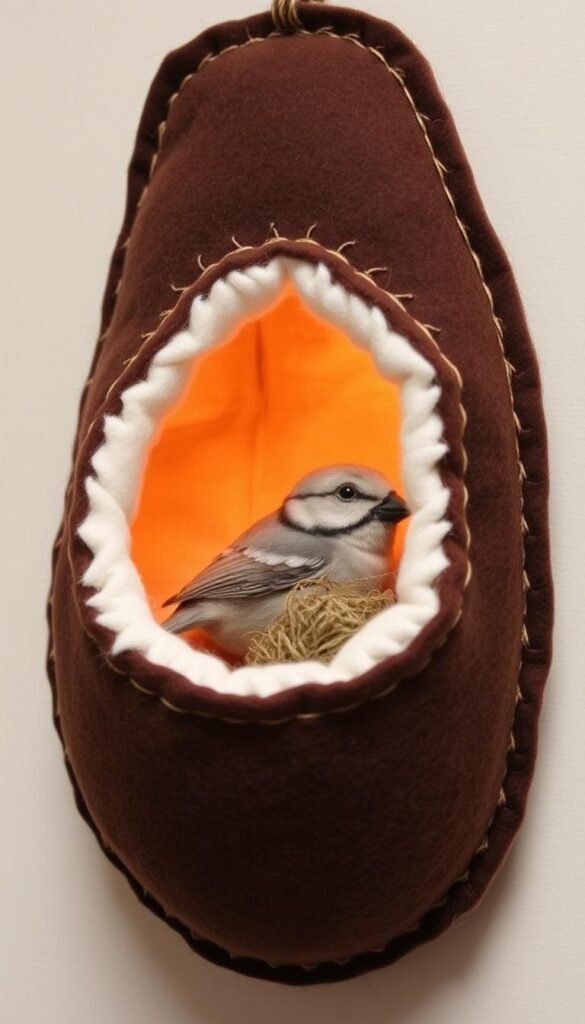 A cozy felt bird nesting pocket, handcrafted with intricate stitches and soft textures. The pocket is nestled against a neutral background, showcasing its natural appeal. Warm, gentle lighting illuminates the plush fabric, creating a welcoming atmosphere. The pocket's organic shape and earthy tones blend seamlessly, evoking a sense of tranquility and connection with nature. The image captures the pocket's functionality and aesthetic appeal, inviting the viewer to imagine the joy of providing a safe haven for nesting birds.