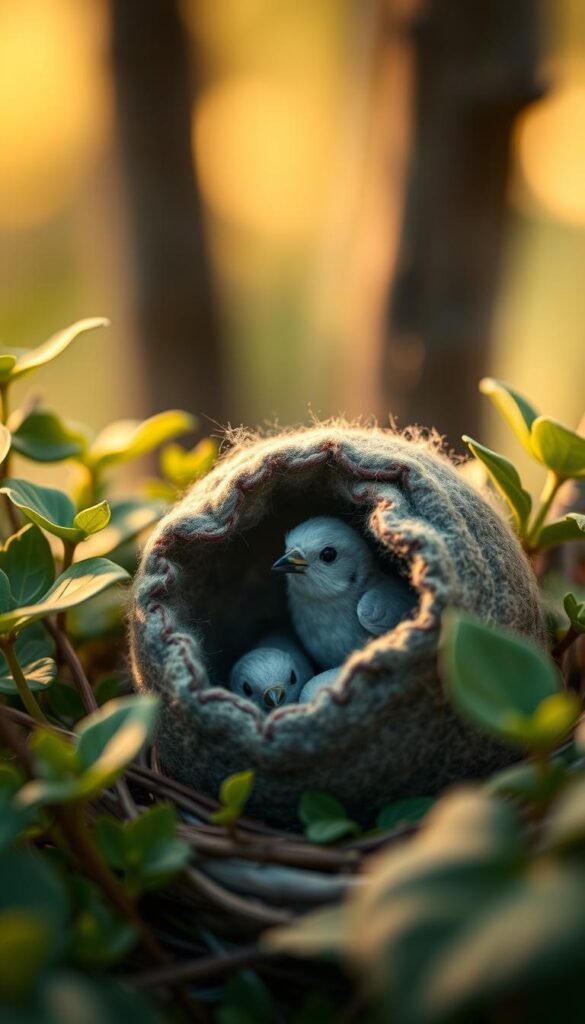 A cozy felt bird nesting pocket, its edges carefully secured with delicate stitching. Soft, muted tones create a serene, natural atmosphere. Warm lighting casts a gentle glow, highlighting the fine detail work. The pocket is nestled amongst lush greenery, with a tranquil, out-of-focus background providing a sense of depth and enclosure. Subtle textures and a slightly vintage aesthetic add to the handcrafted, homespun feel. The composition draws the eye to the meticulously finished edges, emphasizing the care and attention taken to create this inviting haven for nesting birds.
