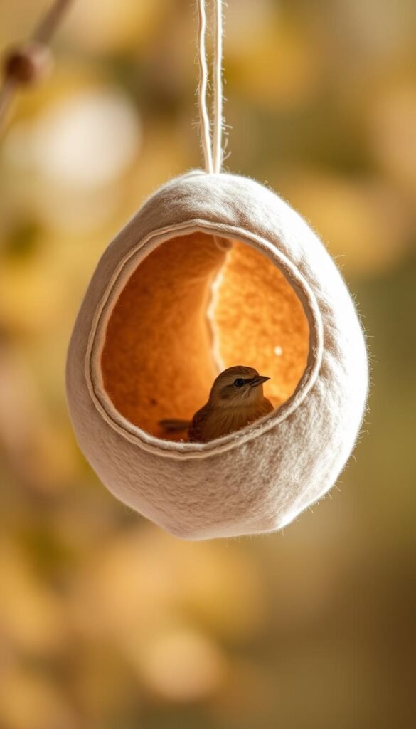A cozy, handcrafted felt bird nesting pocket, suspended against a warm, natural backdrop. The soft, neutral-toned felt forms a minimalist, organic shape, inviting birds to nestle within. Delicate stitching accents the pocket's simple yet elegant design, while soft, diffused lighting casts a serene, serene glow. The pocket appears to float effortlessly, highlighting its functionality and versatility as a nature-inspired home decor piece. Crisp, high-resolution photography showcases the pocket's premium craftsmanship and attention to detail, making it an alluring centerpiece for the article's section on the benefits of no-sew felt bird nesting pockets.