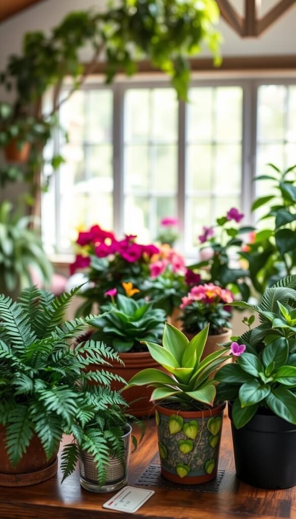 A cozy indoor garden scene with potted bird-safe plants thoughtfully arranged on a wooden table. The foreground features lush, leafy plants like Boston ferns, bromeliads, and African violets, with soft, diffused lighting illuminating their delicate textures. In the middle ground, a variety of colorful, non-toxic blooms like geraniums and begonias add pops of color. The background blurs into a tranquil, nature-inspired setting with a large window overlooking a flourishing outdoor space. The overall mood is serene, inviting, and educational, highlighting the beauty and safety of these bird-friendly houseplants.