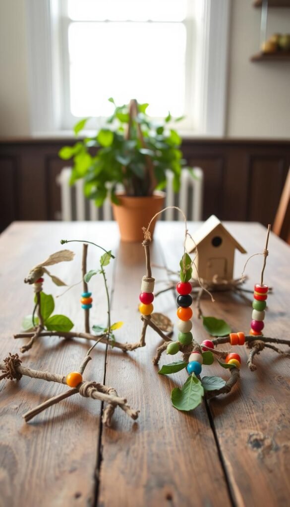 A cozy indoor scene with natural bird foraging toys placed on a rustic wooden table. In the foreground, several handmade toys made from twigs, leaves, and colorful beads are arranged invitingly. Behind them, a potted plant and a birdhouse add a touch of greenery and a sense of the outdoors. Soft, diffused lighting from a window illuminates the scene, creating a warm, inviting atmosphere. The composition is balanced and visually appealing, showcasing the simplicity and creativity of DIY foraging toys for birds.