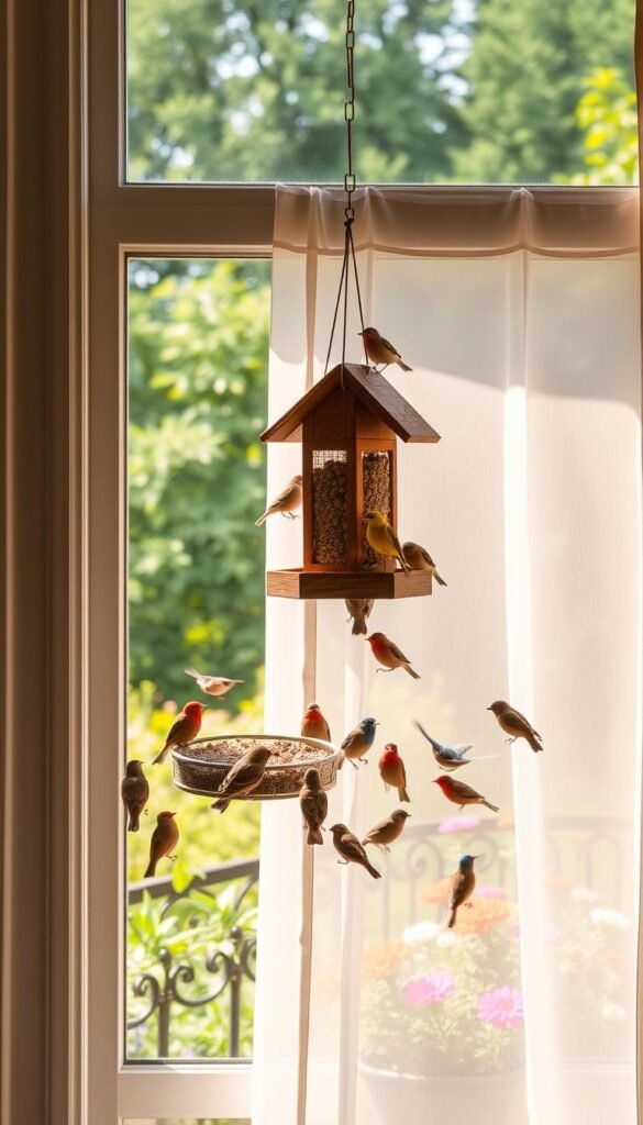 A cozy interior scene of a bright, airy room with a large window overlooking a lush, verdant garden. In the foreground, a rustic-style wooden window bird feeder hangs securely, filled with an assortment of birdseed attracting a flock of colorful, chirping songbirds. The birds cautiously approach the feeder, their feathers glistening in the warm, natural lighting filtering through the glass. In the middle ground, a soft, diaphanous curtain gently billows, creating a sense of tranquility. The background features a well-tended garden bursting with vibrant flowers and foliage, hinting at the outdoor haven beyond the window. The overall mood is one of peaceful harmony between the indoor and outdoor spaces, capturing the joys and challenges of urban birdwatching.