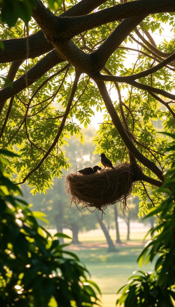 A cozy nesting shelter for birds, nestled amid lush, verdant foliage. In the foreground, an intricate woven nest cradled in the sturdy branches of a mature oak tree, sunlight filtering through the canopy and casting a warm, golden glow. In the middle ground, the silhouettes of parent birds tending to their young, their gentle movements conveying a sense of nurturing and protection. The background features a tranquil, park-like setting, with dappled shadows and a soft, hazy atmosphere, creating an idyllic, serene ambiance. The composition is balanced and harmonious, inviting the viewer to feel a sense of peacefulness and the rhythms of nature.