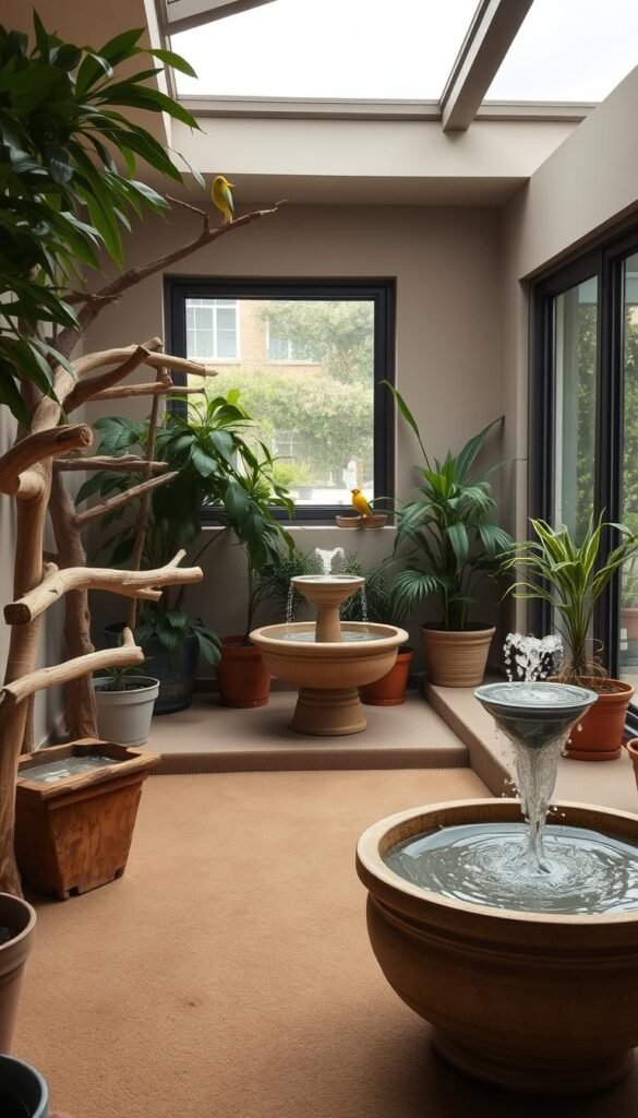 A cozy, well-lit bird-safe indoor environment with natural wood perches, lush potted plants, and a gently bubbling water fountain. Soft, indirect lighting creates a calming ambiance, while large windows allow ample natural daylight. Smooth, bird-safe surfaces in muted, earthy tones line the room, providing a secure, enriching space for winged companions to explore and rest. The scene exudes a sense of tranquility and care, inviting birds to thrive in a thoughtfully designed, pet-friendly haven.