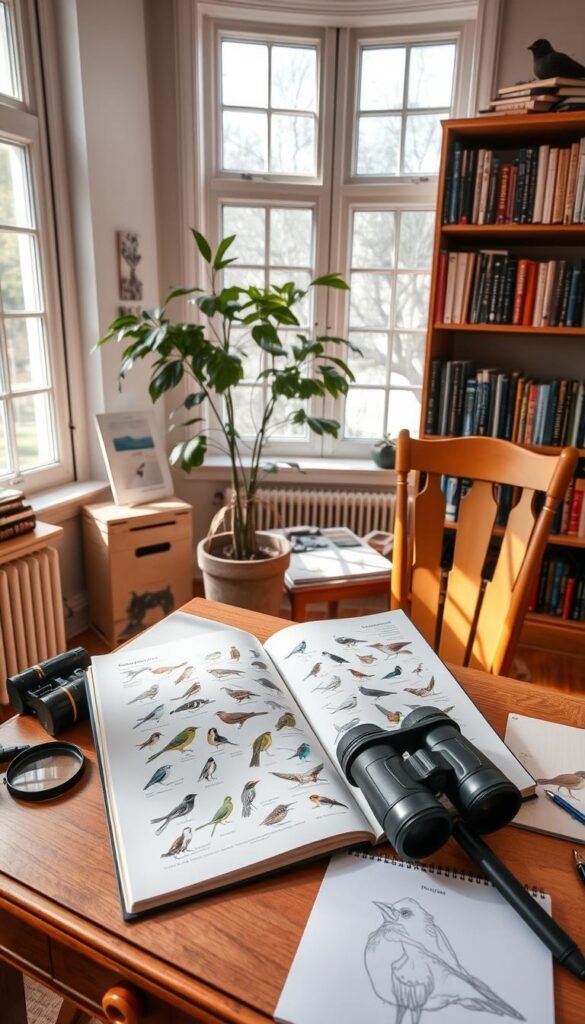 A cozy, well-lit study filled with natural light from large windows. On the desk, an open field guide showcases detailed illustrations of various bird species, surrounded by binoculars, a sketchpad, and a magnifying glass. In the background, bookshelves line the walls, filled with additional resources on ornithology and bird identification. A potted plant lends a touch of greenery, while a warm wooden chair invites the observer to sit and immerse themselves in the study of our feathered friends.