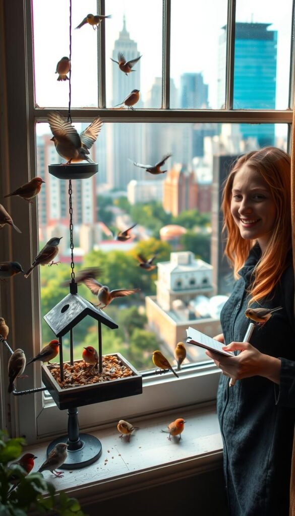 A cozy, well-lit window sill overlooking a bustling urban landscape. In the foreground, a charming window bird feeder captures the attention of a diverse array of feathered visitors. Sparrows, finches, and chickadees flit and flutter, eagerly pecking at the diverse selection of seeds and suet. The middle ground reveals a cheerful, engaged birdwatcher, notebook in hand, observing the vibrant activity with a serene expression. In the background, the cityscape beyond the window adds depth and context, with towering buildings and lush greenery creating a harmonious blend of nature and civilization. Soft, natural lighting filters through the window panes, casting a warm, inviting glow over the entire scene. The mood is one of tranquility, wonder, and the joyful connection between humans and the avian world.