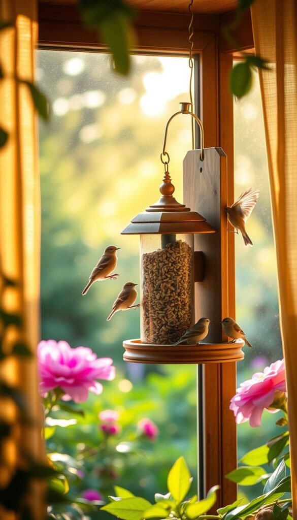 A cozy window-mounted bird feeder station, bathed in warm natural light filtering through lush greenery. The feeder, an elegant wooden design, is positioned prominently, inviting a variety of songbirds to feast on the high-quality seed mix within. The backdrop features a picturesque garden scene, with vibrant blooms and a tranquil, out-of-focus background, creating a serene and inviting atmosphere. The overall composition is visually striking, highlighting the beauty of the feeder and the wildlife it attracts, inspiring viewers to consider setting up their own window-based bird feeding station.