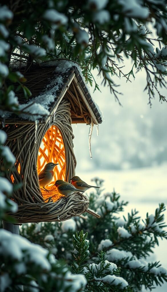 A cozy winter bird shelter nestled among snow-dusted branches, a safe haven for feathered friends. Warm light filters through the dense foliage, casting a soft glow on the intricate woven structure. Delicate icicles cling to the edges, adding a touch of enchantment. In the foreground, a few curious birds perch on the shelter's entrance, their vibrant plumage contrasting the muted tones of the surrounding landscape. The middle ground features lush greenery, while the background showcases a serene winter wonderland, complete with a gently falling snow. Captured through the lens of a vintage-inspired camera, this scene evokes a sense of timeless wonder and preservation amidst the chill of the season.