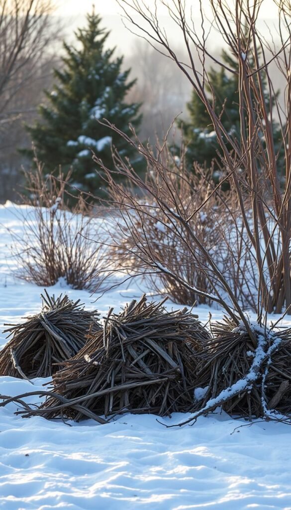 A cozy winter scene with a foreground of carefully arranged brush piles, providing shelter and nesting material for an array of small birds. The midground features a lush, snow-dusted landscape, with a mix of evergreen and bare-branched trees. Soft, diffused lighting illuminates the scene, creating a warm, inviting atmosphere. The background is a subtle, hazy horizon, hinting at the tranquility of the winter season. The composition emphasizes the importance of this simple, yet thoughtful, addition to a backyard habitat, ensuring the survival and well-being of local avian residents.