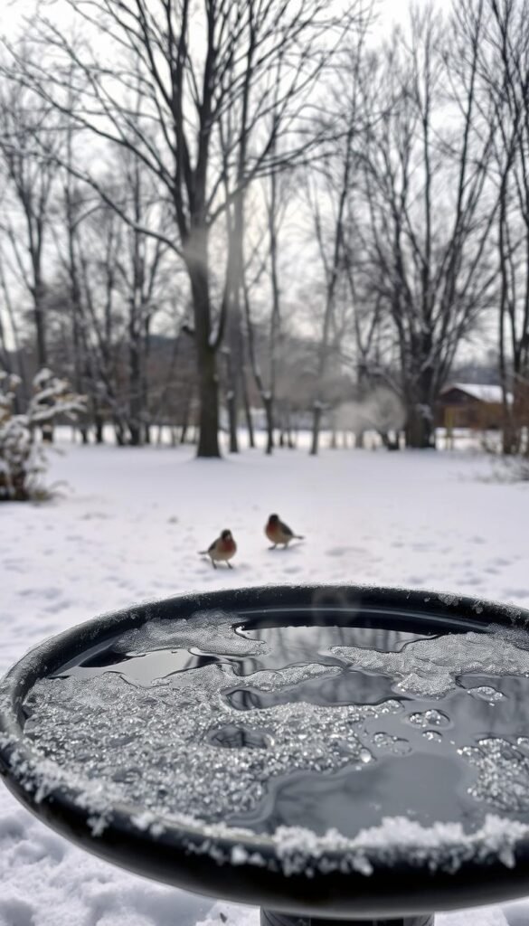 A cozy winter scene with a heated bird bath, its steam rising into the crisp air. In the foreground, the bath is filled with crystal-clear, gently bubbling water, its surface reflecting the soft light. Surrounding the bath, a dusting of fresh snow covers the ground, creating a serene, wintry atmosphere. In the middle ground, a few hardy birds flit about, taking advantage of the warm respite from the cold. In the background, a row of bare, snow-capped trees stand tall, their silhouettes stark against a pale, overcast sky. The lighting is soft and diffused, creating a peaceful, tranquil mood.