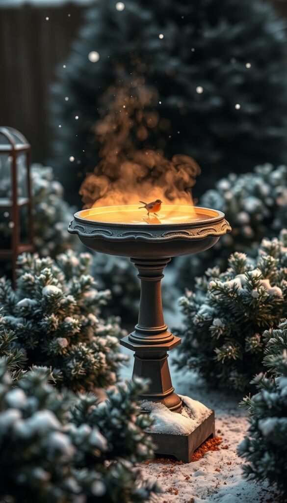 A cozy, winter-themed backyard scene with a heated birdbath as the focal point. The birdbath sits atop a small pedestal, steam gently rising from the warm water. Surrounding it are lightly dusted evergreen bushes and a few scattered snowflakes drifting through the air, creating a tranquil, serene atmosphere. Soft, diffused lighting illuminates the scene, casting a warm, inviting glow. The birdbath is positioned at a slight angle, allowing for a clear, unobstructed view. The overall composition emphasizes the birdbath's role in providing a safe haven for birds during the colder months.