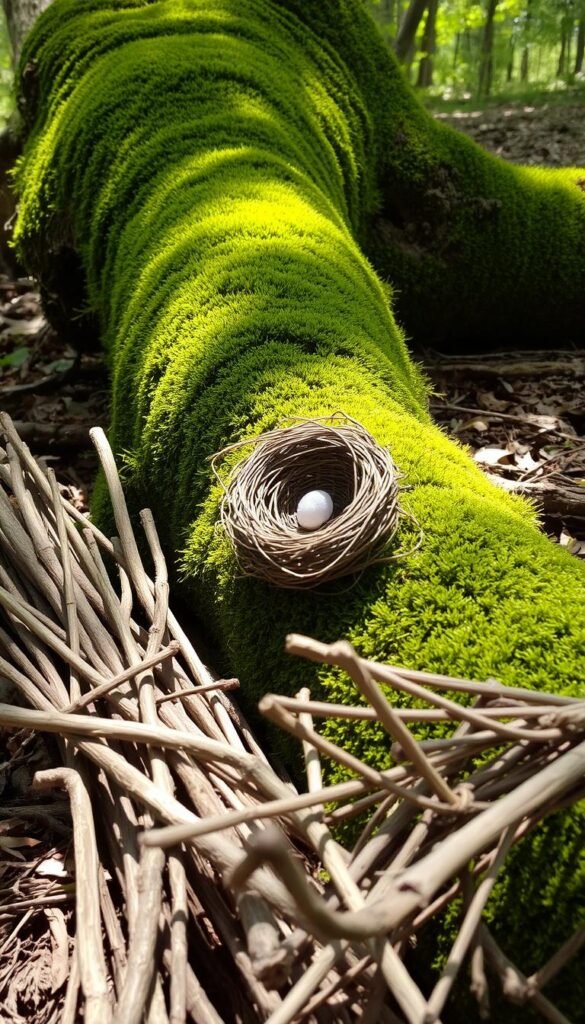 A cozy woodland scene, with lush green moss covering a fallen tree branch. Delicate tendrils of moss cling to the rough bark, creating a soft, textural contrast. Nearby, a bundle of weathered sticks and twigs has been gathered, their natural forms and varying hues adding layers of visual interest. Dappled sunlight filters through the canopy, casting a warm, natural glow over the entire composition. The scene evokes a sense of tranquility and a connection to the natural world, perfect for showcasing a handmade bird's nest accessory.