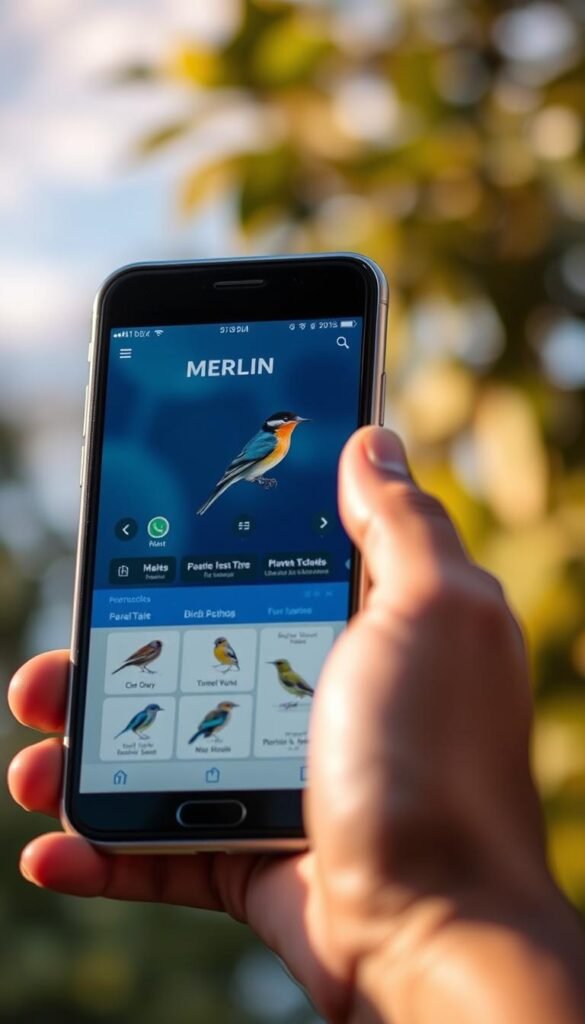 A crisp and vibrant close-up of the Merlin bird identification app displayed on a sleek mobile device held in a person's hand. The app interface is prominently featured, showcasing its intuitive design and user-friendly layout. The device is set against a blurred, nature-inspired background, with hints of lush foliage and a serene sky. The lighting is soft and diffused, creating a warm and inviting atmosphere that accentuates the app's capabilities. The overall composition emphasizes the app's role as a valuable tool for beginner birdwatchers, seamlessly integrating technology and the natural world.