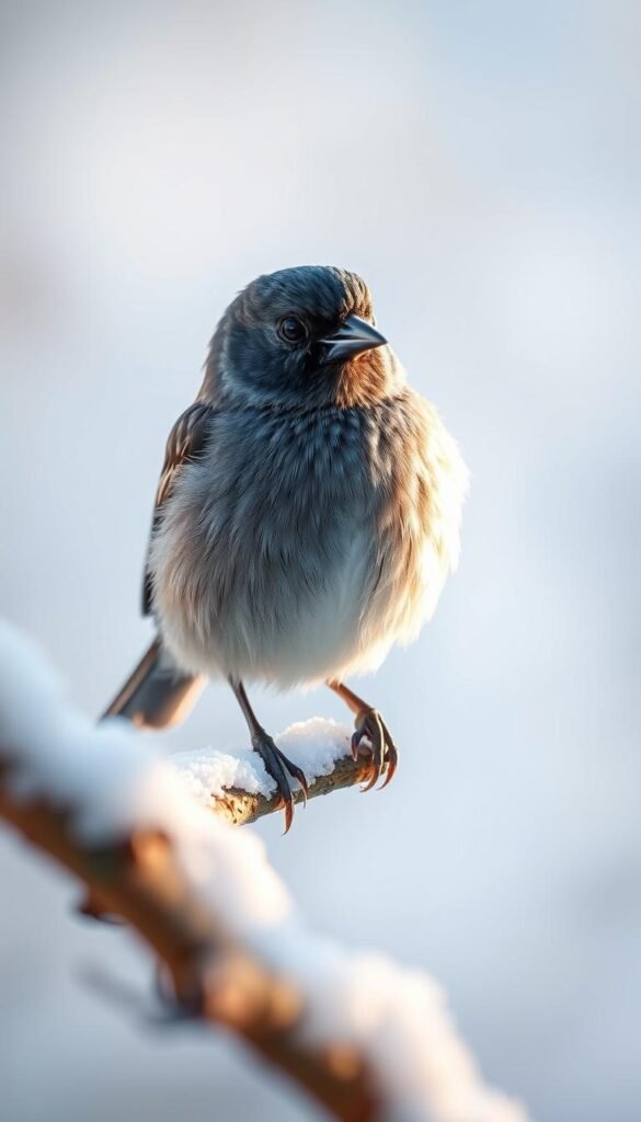A dark-eyed junco perched on a snow-covered branch, its slate-gray plumage contrasting beautifully against the white backdrop. The bird's dark eyes peer intently, its small beak slightly open as it surveys its surroundings. The image is captured with a shallow depth of field, blurring the background to focus attention on the junco's delicate features. Soft, warm lighting illuminates the scene, casting gentle shadows and highlighting the intricate patterns of the bird's feathers. The overall mood is serene and contemplative, evoking the quiet beauty of a winter landscape and the resilience of this hardy, winter-adapted species.