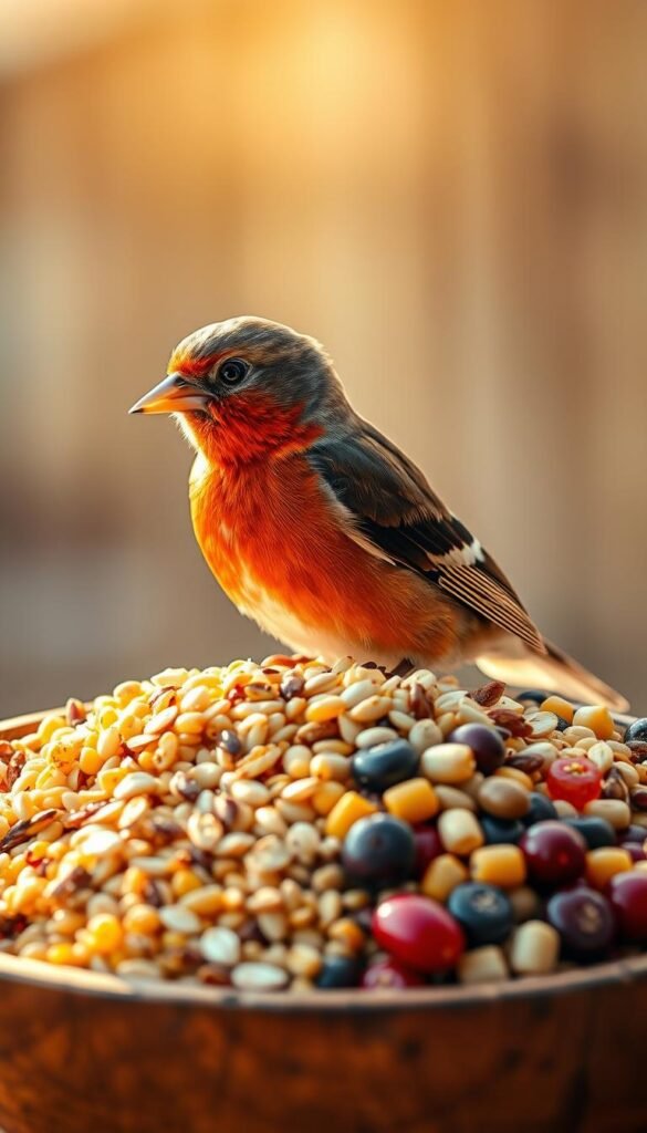 A delightful bird feasting on a variety of healthy, colorful seeds and grains against a softly blurred, sunlit backdrop. In the foreground, an assortment of nutritious bird foods - millet, sunflower seeds, cracked corn, and fresh berries - arranged artfully in a rustic wooden bowl. In the middle ground, a perched bird, its vibrant plumage preening and gleaming, conveying a sense of contentment and wellbeing. The lighting is warm and diffused, creating a gentle, inviting atmosphere, as if captured through a vintage camera lens. The overall composition emphasizes the importance of a balanced, nutritious diet for the long-term health and happiness of our feathered friends.