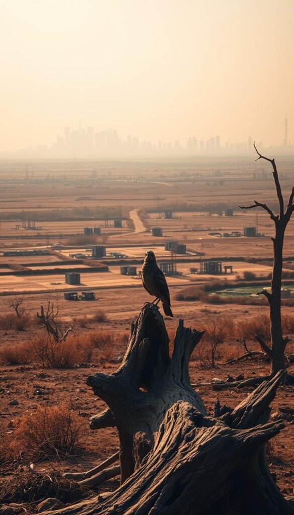 A desolate, barren landscape with birds struggling to survive amidst the encroachment of human development. In the foreground, a lone bird perches on a crumbling tree stump, its once-vibrant plumage now dull and faded. The middle ground reveals a patchwork of cleared land, dotted with construction sites and sprawling structures. In the distance, a hazy skyline signals the expansion of urbanization, casting an ominous shadow over the diminishing natural habitats. The scene is bathed in a somber, golden-hued light, conveying a sense of melancholy and the fragility of the avian world amidst the relentless march of human progress.