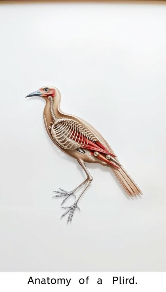 A detailed anatomical illustration of a bird, showcasing its internal structure and skeletal framework. The subject is depicted in a clean, scientific manner, with a white background to emphasize the intricate details. The perspective is a three-quarter view, allowing for a comprehensive understanding of the bird's form. Subtle lighting from the top-left casts soft shadows, highlighting the contours and underlying musculature. The image captures the avian form's incredible adaptations for powered flight, from the lightweight yet strong bone structure to the streamlined body shape. This technical yet visually striking depiction will serve as an informative and visually engaging visual aid for the article's "Anatomy of a Bird: Built for Flight" section.
