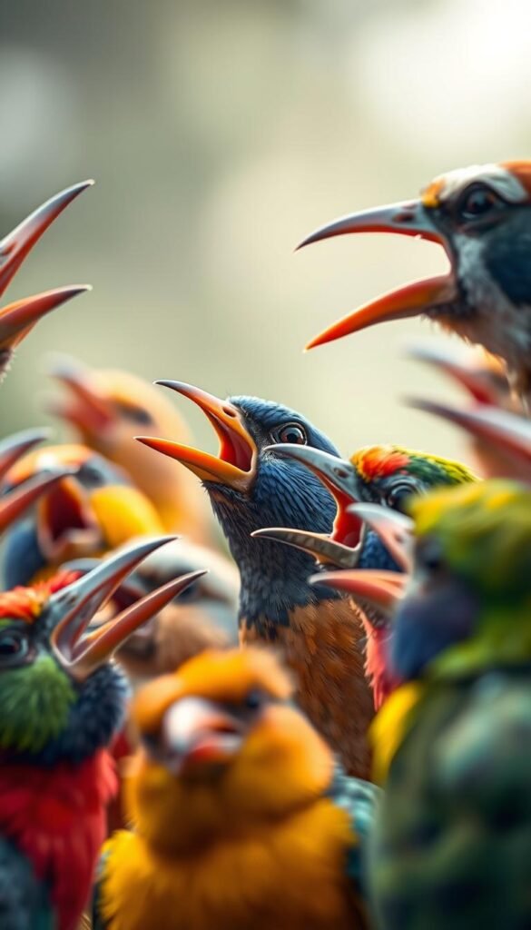 A detailed and visually striking illustration of various bird vocalizations, captured through the lens of a high-resolution, macro-style camera. The foreground features a vibrant array of colorful birds, their beaks open in a melodic chorus, showcasing the intricate details of their feathers and the dynamic movement of their vocal cords. The middle ground offers a blurred backdrop, hinting at the natural environment the birds inhabit, while the background is a softly lit, ethereal setting that emphasizes the soulful, expressive nature of their calls. The overall mood is one of wonder and curiosity, inviting the viewer to closely observe and appreciate the nuanced language of these avian subjects.