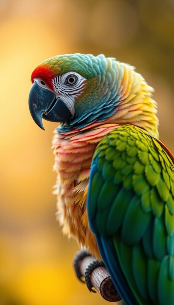 A detailed close-up photograph of a parrot perched on a wooden branch, showcasing its vibrant plumage and attentive expression. The parrot is set against a softly blurred natural background, with warm, ambient lighting highlighting the bird's intricate feather patterns and gentle curves. The image conveys a sense of tranquility and the parrot's adaptability to its environment, emphasizing the importance of maintaining the correct temperature range for the species' optimal health and well-being.