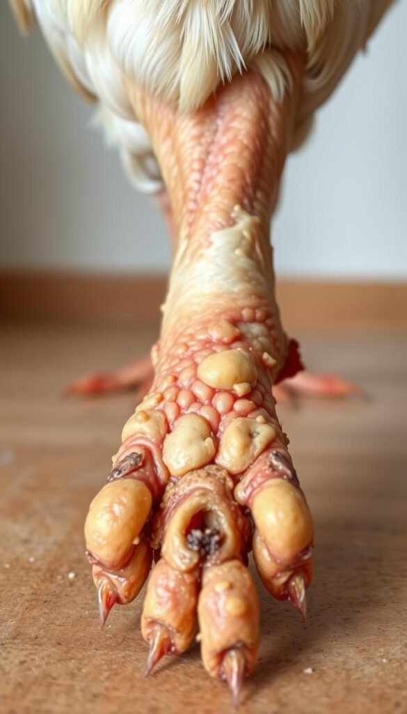 A detailed close-up photograph of the progression of bumblefoot, a common avian foot condition, on the foot of a chicken. The foreground shows the afflicted foot in high resolution, with calluses, discoloration, and the beginnings of ulceration clearly visible. The middle ground depicts the foot from a slight angle, capturing the overall shape and contours. The background is blurred, creating a focus on the textural details of the damaged skin. The lighting is neutral and natural, with soft shadows accentuating the texture. The depth of field is shallow, ensuring the relevant areas of the foot are in sharp focus.