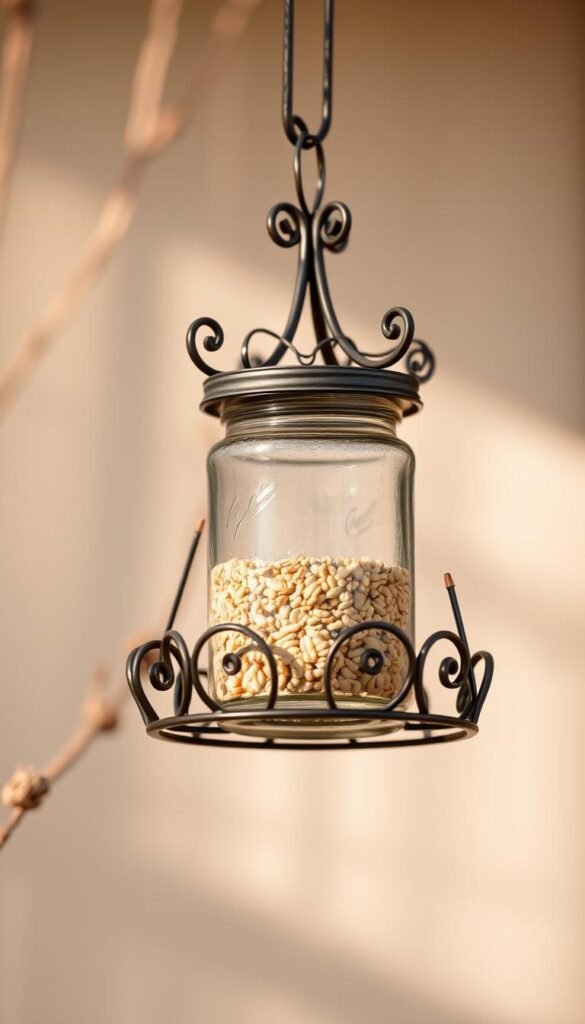 A detailed close-up view of a beautiful metal-based bird feeder. The feeder is crafted from intricate wrought-iron scrollwork, creating an elegant and rustic silhouette. The feeder is suspended from a sturdy metal hook, allowing birds easy access to the seed-filled glass jar. Soft, natural lighting gently illuminates the scene, casting warm shadows and highlights across the metal and glass surfaces. The composition emphasizes the craftsmanship and functionality of this charming DIY bird feeder, perfect for adorning a garden or outdoor living space.