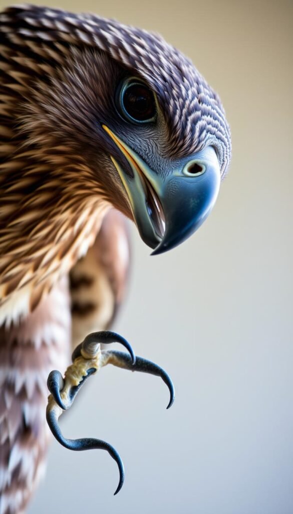 A detailed close-up view of the distinctive characteristics of a raptor, showcasing its sharp talons, hooked beak, and keen eyes. The raptor's head is turned slightly, giving a piercing, predatory gaze. The image is captured in soft, natural lighting, highlighting the bird's intricate feather patterns and powerful musculature. The background is blurred, allowing the raptor's features to stand out prominently. The overall tone is one of strength, grace, and the awe-inspiring adaptations that make raptors such successful hunters.