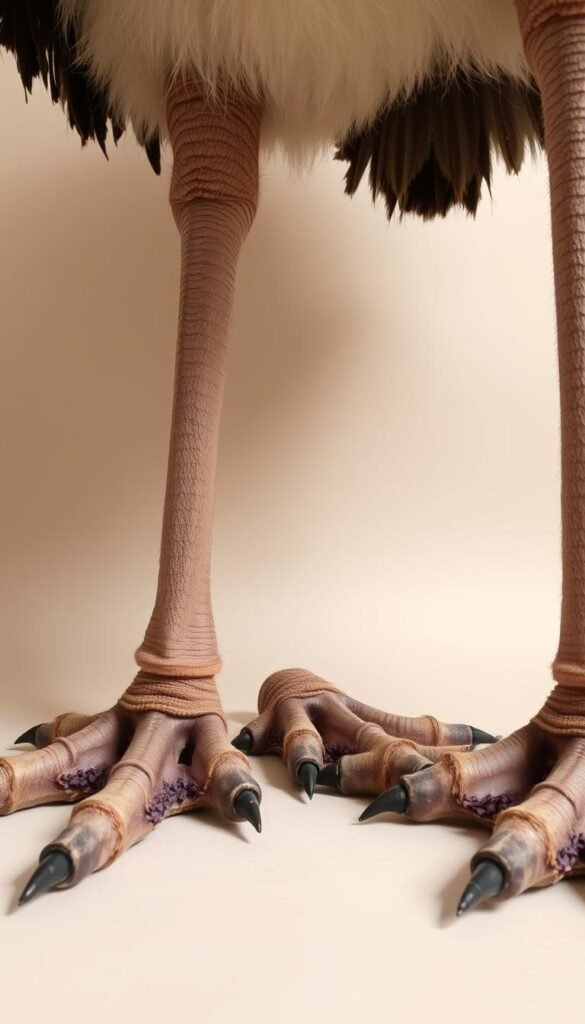 A detailed, close-up view of the feet of flightless birds, including the large, powerful talons and thick, scaled skin of an emu and the wide, flat feet with thick nails of an ostrich. The feet are shown against a plain, neutral background, with soft, natural lighting that highlights the intricate textures and shapes. The image captures the robust, sturdy construction of these birds' feet, which are adapted for their unique modes of terrestrial locomotion.