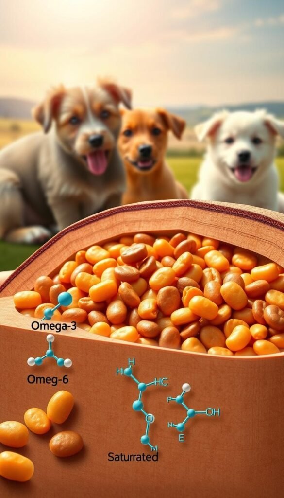 A detailed cross-section illustration of various fatty acids found in pet diets, rendered in a scientific, informative style. In the foreground, prominent molecular structures of omega-3, omega-6, and saturated fatty acids are shown, with clear labeling. The middle ground depicts a nutritious pet food blend, containing sources of these essential lipids. In the background, a soft-focus landscape of healthy pet companions, emphasizing the importance of a balanced diet. Crisp lighting from the top-left casts shadows, enhancing the three-dimensional forms. The overall mood is educational and visually engaging, suitable for an informative article on pet nutrition.