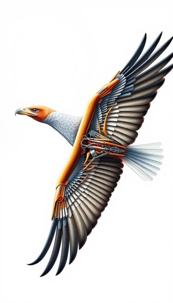 A detailed cross-section of the intricate wing mechanics of a soaring bird, rendered in a technical, scientific illustration style. The foreground depicts the complex structure of the wing bones, tendons, and musculature, showcasing the mechanisms that enable flapping and controlled flight. The middle ground reveals the aerodynamic profile of the wing, highlighting the curvature and airfoil shape responsible for lift generation. The background features a clean, minimal backdrop, allowing the mechanics to be the central focus. Crisp lighting from an overhead source illuminates the various anatomical components, creating depth and emphasizing the engineering principles at work. The overall mood is one of technical precision and functional elegance, reflecting the remarkable adaptations that allow birds to effortlessly master the skies.