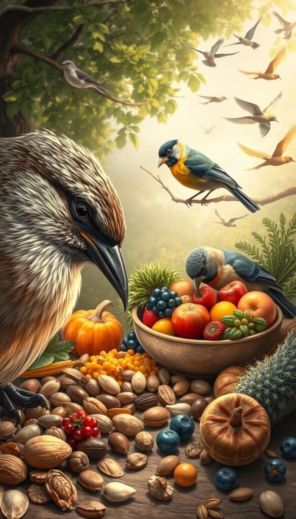 A detailed, educational illustration showcasing the nutritional needs of a variety of birds. In the foreground, a close-up of a bird's head and beak, examining various seeds, nuts, and berries. In the middle ground, a bird perched on a branch, eating from a bowl of fresh fruits and vegetables. In the background, a lush, naturalistic setting with other birds flying and foraging. Soft, warm lighting illuminates the scene, conveying a sense of calm and discovery. High detail and realism, with a focus on depicting the diverse dietary requirements of different bird species.