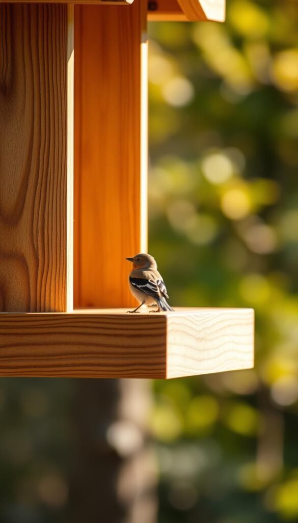 A detailed, high-resolution close-up of a modern, wooden platform bird feeder against a blurred natural background. The feeder is shown from a slightly elevated angle, highlighting its sturdy construction and generous feeding surface. Warm, natural lighting illuminates the feeder's rich, textured grain and warm tones, creating a cozy, inviting atmosphere. The feeder's design features include a raised perimeter, offering ample space for multiple birds to feed comfortably. The background is slightly out of focus, hinting at a peaceful, woodland setting that complements the feeder's rustic aesthetic.