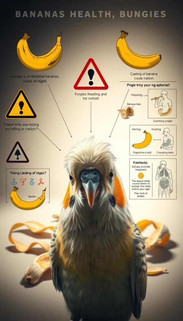 A detailed illustration depicting the potential health risks of feeding bananas to budgies. In the foreground, a close-up view of a budgie bird, its feathers ruffled with a concerned expression. Surrounding the budgie, various visual cues highlighting the potential dangers, such as overripe or bruised bananas, warning symbols, and medical diagrams showcasing digestive issues. The middle ground features a partially eaten banana and scattered banana peels, with the background blending into a soft, muted palette to emphasize the subject matter. Dramatic lighting casts shadows, adding depth and a sense of unease. Captured with a wide-angle lens to create an immersive, cautionary scene.