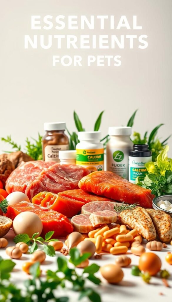 A detailed illustration of essential nutrients for pets, set against a clean, minimalist background. The composition features various food items and supplements, arranged with careful consideration of lighting and depth of field. In the foreground, high-quality protein sources such as lean meats, fish, and eggs are prominently displayed. The middle ground showcases essential vitamins and minerals, including calcium, iron, and omega-3 fatty acids, in the form of carefully selected supplements and natural ingredients. The background subtly incorporates lush greenery, conveying the idea of a balanced, natural diet. The overall mood is one of informative clarity, inviting the viewer to better understand the key nutritional needs of their beloved pets.