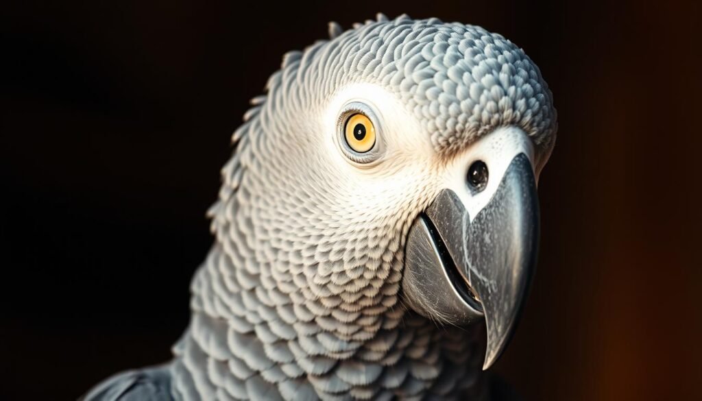 A detailed, realistic portrait of an African grey parrot with a thoughtful, intelligent expression. The parrot is shown in closeup, its feathers rendered with meticulous detail. Soft, warm lighting illuminates the parrot's penetrating gaze, conveying a sense of wisdom and curiosity. The background is gently blurred, keeping the focus on the parrot's face and eyes. The image should evoke a sense of the parrot's renowned cognitive abilities and capacity for complex speech and problem-solving. A detailed, realistic portrait of an African grey parrot with a thoughtful, intelligent expression. The parrot is shown in closeup, its feathers rendered with meticulous detail. Soft, warm lighting illuminates the parrot's penetrating gaze, conveying a sense of wisdom and curiosity. The background is gently blurred, keeping the focus on the parrot's face and eyes. The image should evoke a sense of the parrot's renowned cognitive abilities and capacity for complex speech and problem-solving.