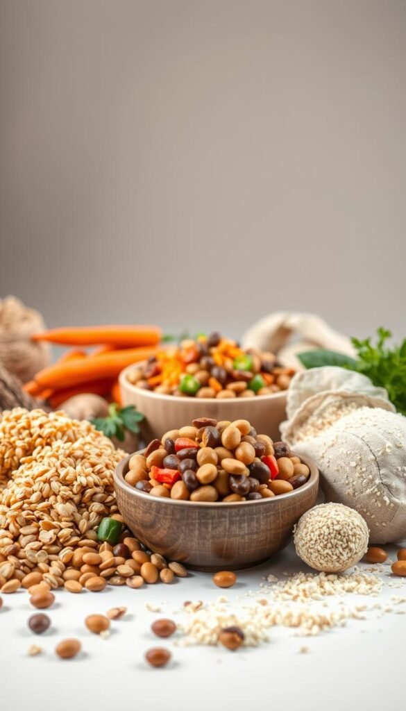 A detailed still life scene depicting the essential role of carbohydrates and fiber in pet nutrition. In the foreground, a selection of pet food ingredients such as grains, vegetables, and legumes are arranged in a visually appealing manner, showcasing their diverse textures and colors. The middle ground features a bowl filled with a balanced pet food blend, complemented by a scattering of whole-food fiber sources like beet pulp and psyllium husks. The background showcases a softly lit, minimalist backdrop, allowing the nutritional elements to take center stage. The overall composition conveys a sense of balance, health, and the importance of these macronutrients in providing complete and wholesome nourishment for beloved companion animals.