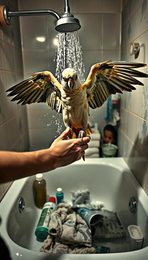 A disgruntled parrot perched on the rim of a bathtub, wings outstretched, water splashing around it. In the foreground, a person clumsily attempts to bathe the bird, their hands fumbling with a shower head. The harsh bathroom lighting casts stark shadows, creating a tense, comedic atmosphere. The middle ground depicts an array of discarded bathing accessories - shampoo bottles, towels, and a wet, crumpled newspaper. In the background, the cluttered bathroom sets the scene, hinting at the owner's lack of preparedness for proper parrot grooming. The composition emphasizes the parrot's displeasure and the owner's inexperience, capturing the essence of "Improper Bathing Techniques".