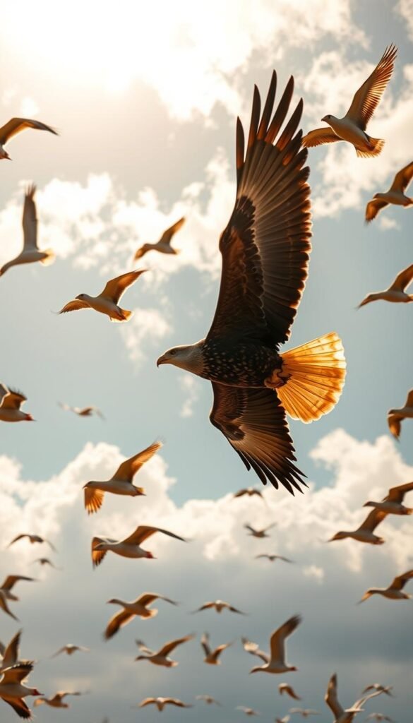 A diverse flock of birds soaring gracefully through a vibrant, sun-dappled sky. In the foreground, a majestic eagle showcases its powerful wings, effortlessly gliding on the thermals. In the middle ground, a flock of sparrows deftly maneuver, their nimble movements a testament to their agility. In the distance, a group of geese fly in a synchronized V-formation, demonstrating their impressive endurance. The scene is bathed in warm, golden light, creating a sense of tranquility and awe. The camera angle is slightly elevated, capturing the birds from below, emphasizing their mastery of the skies.