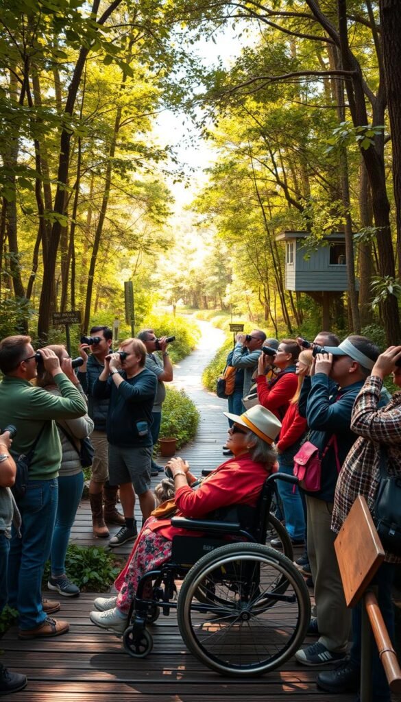 A diverse group of birders from all backgrounds are gathered in a lush forest, observing birds through binoculars with awe and reverence. The scene is bathed in warm, golden light filtering through the canopy, creating a inviting, serene atmosphere. In the foreground, a wheelchair-accessible birdwatching platform allows easy participation. Birders of varying ages, ethnicities, and abilities share their observations and enthusiasm, fostering a spirit of inclusion and accessibility. The middle ground shows a trail winding through the undergrowth, with signage and waypoints to guide visitors. In the distance, a hide or blind blends seamlessly into the environment, offering an unobstructed view of the avian inhabitants. The overall composition conveys the idea of birding as a hobby that welcomes and accommodates everyone, regardless of their physical, economic or social background.