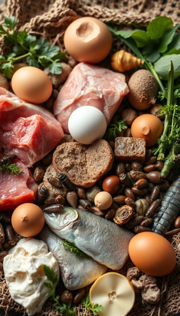 A diverse selection of sustainable protein sources for pets, including lean meats, eggs, fish, insects, and plant-based options, arranged in a natural, earthy composition. The scene is well-lit with soft, warm lighting, captured from an elevated angle to showcase the variety and balance of these healthy, eco-friendly feeding options. The overall mood is one of nourishment, responsibility, and environmental awareness, designed to visually support the article's focus on sustainable pet nutrition practices.