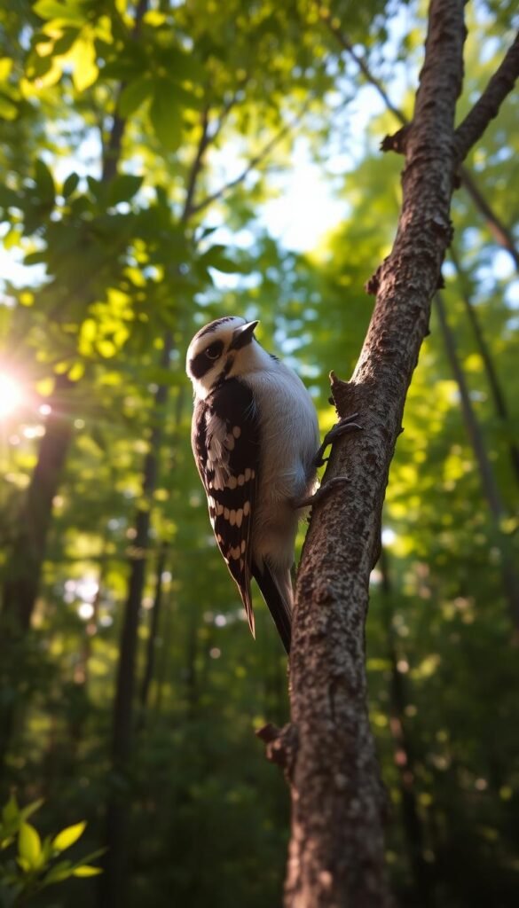 A downy woodpecker perched on a branch, its black and white plumage gleaming in warm, golden sunlight. The bird's small, sharp beak is poised, ready to skillfully extract insects from the bark. The background is a lush, verdant forest, with dappled shadows and a sense of tranquility. The camera angle is at eye level, capturing the woodpecker's focused gaze and the details of its intricate feathers. The overall mood is one of quiet observation, highlighting the woodpecker's role as a diligent insect hunter in the backyard ecosystem.