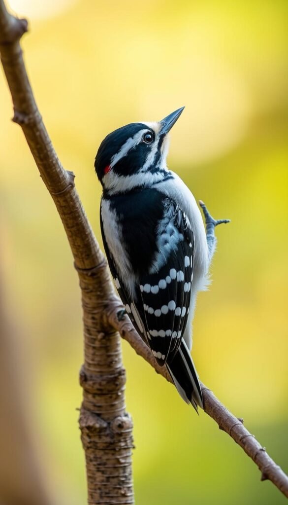 A downy woodpecker perched on a tree branch, its small black-and-white body contrasting against the warm, golden-hued bark. The bird's head tilts slightly, its sharp beak poised to tap against the wood, capturing the essence of its role as a "small drummer" in the backyard ecosystem. The scene is bathed in soft, diffused natural light, creating a serene, inviting atmosphere that draws the viewer's attention to the delicate details of the woodpecker's plumage and the texture of the tree. The background is gently blurred, allowing the subject to take center stage and highlighting its importance as one of the easily-attracted backyard bird types.