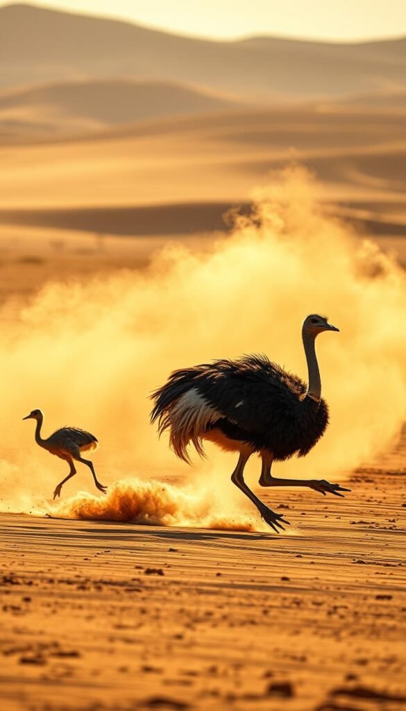 A dramatic desert landscape, bathed in warm golden light. In the foreground, two flightless birds - an emu and an ostrich - engaged in a high-speed chase, their long legs propelling them across the sand with incredible agility. The emu, slightly smaller but more nimble, darts and weaves, while the larger, more powerful ostrich gains ground, its muscular body a blur of motion. Dramatic dust clouds billow in their wake, as the scene captures the raw power and intensity of their speed showdown. The expansive, arid background adds a sense of scale, emphasizing the sheer athleticism of these remarkable creatures. The image is captured with a wide-angle lens, accentuating the dynamic, cinematic feel of the moment.