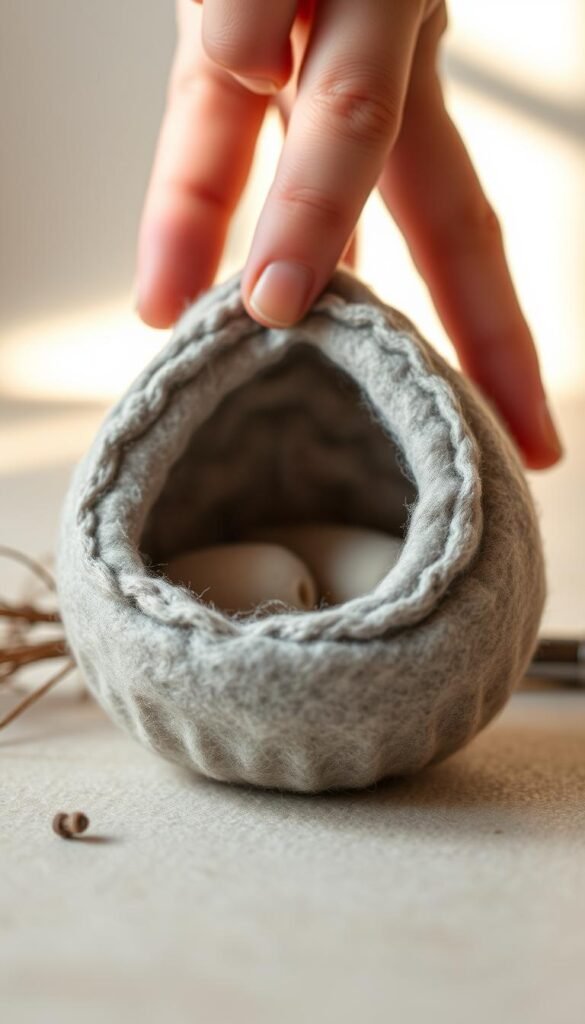 A felt bird nesting pocket, with a softly textured surface, taking shape in the foreground. Delicate fingers gently molding the material, shaping the cozy concave form. Warm lighting from the side casts gentle shadows, highlighting the contours. The background is blurred, keeping the focus on the crafting process. Subtle earth-toned colors, evoking a serene, natural atmosphere. The composition emphasizes the careful, mindful creation of this handmade nest-like object, ready to provide a safe haven for small birds.