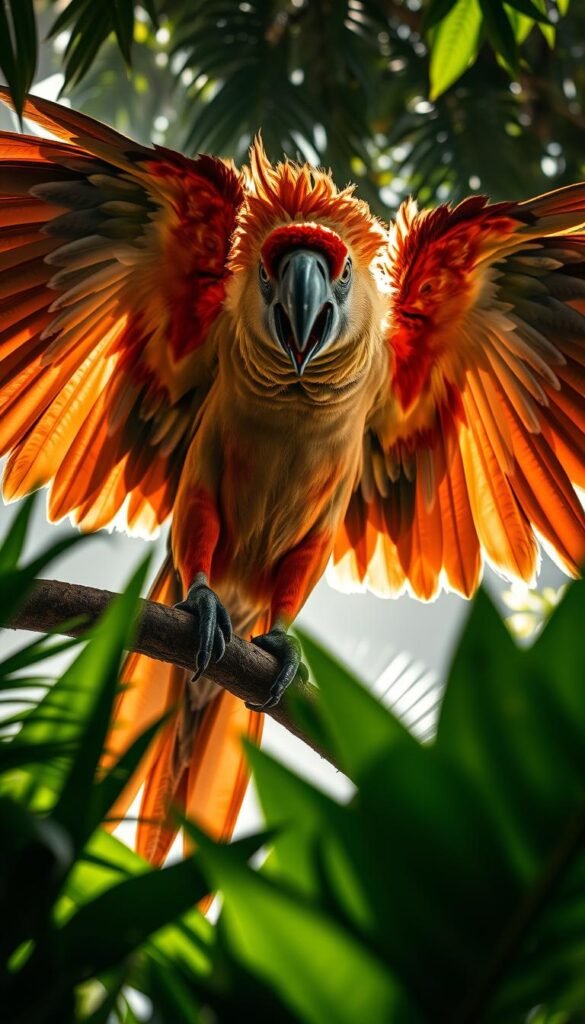 A fierce parrot spreads its wings, feathers ruffled in a threatening display. Its sharp beak is open, eyes narrowed with aggression. The parrot is perched on a sturdy branch, surrounded by lush tropical foliage in the foreground. Diffused sunlight filters through the leaves, casting dramatic shadows that accentuate the bird's intense expression. The camera angle is low, looking up at the parrot to convey its dominating presence. The atmosphere is charged with tension, hinting at the parrot's restless energy and the need for engaging toys to channel its natural behaviors.