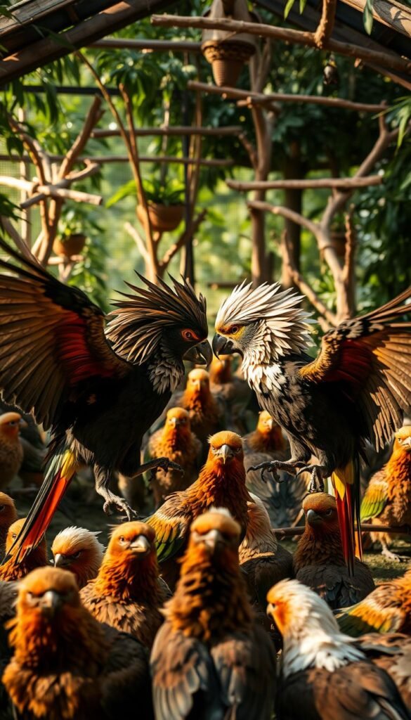 A flock of birds in a lush, verdant aviary, their feathers ruffled in a display of aggressive posturing. In the foreground, two birds lock beaks, their bodies tense and wings outstretched, as they establish dominance. Soft, warm lighting illuminates the scene, casting subtle shadows that accentuate the birds' movements. In the middle ground, other members of the flock observe the encounter, their own stances reflecting the delicate balance of power. The background is filled with a variety of perches, nesting areas, and lush foliage, creating a sense of depth and the birds' natural habitat. The overall atmosphere conveys the challenge of managing avian aggression and hierarchy within a captive environment.