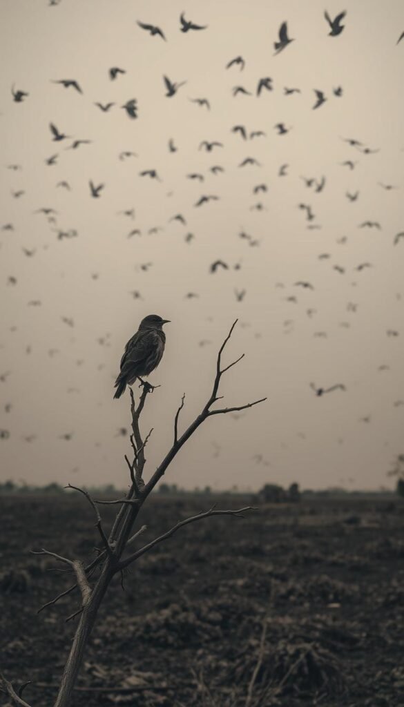 A flock of birds, once vibrant and numerous, now sparsely scattered against a somber, muted sky. In the foreground, a lone, weary bird perches atop a barren, withered branch, its feathers dull and lifeless. The middle ground reveals a desolate, degraded landscape, devoid of the lush greenery that once thrived. Distant, shadowy silhouettes of birds struggle to maintain their fragile foothold, a testament to the dwindling avian population. Muted hues of gray and sepia convey a sense of melancholy and decay, as the once-vibrant ecosystem succumbs to the ravages of environmental degradation. A moody, low-angled perspective emphasizes the gravity of the situation, inviting the viewer to reflect on the plight of these endangered species.